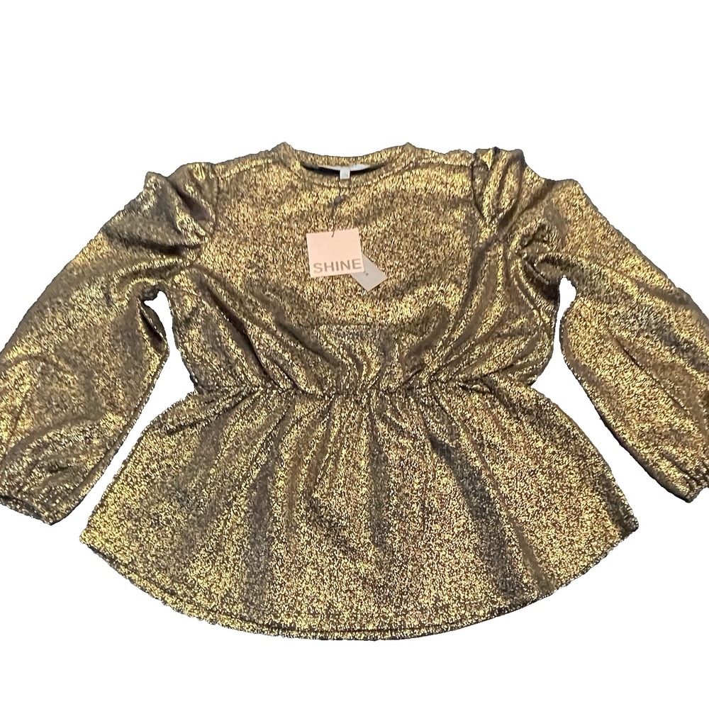Alex‎ & Parker Women's L Gold Shimmer Holiday Balloon Plated Sleeves Blouse Top
